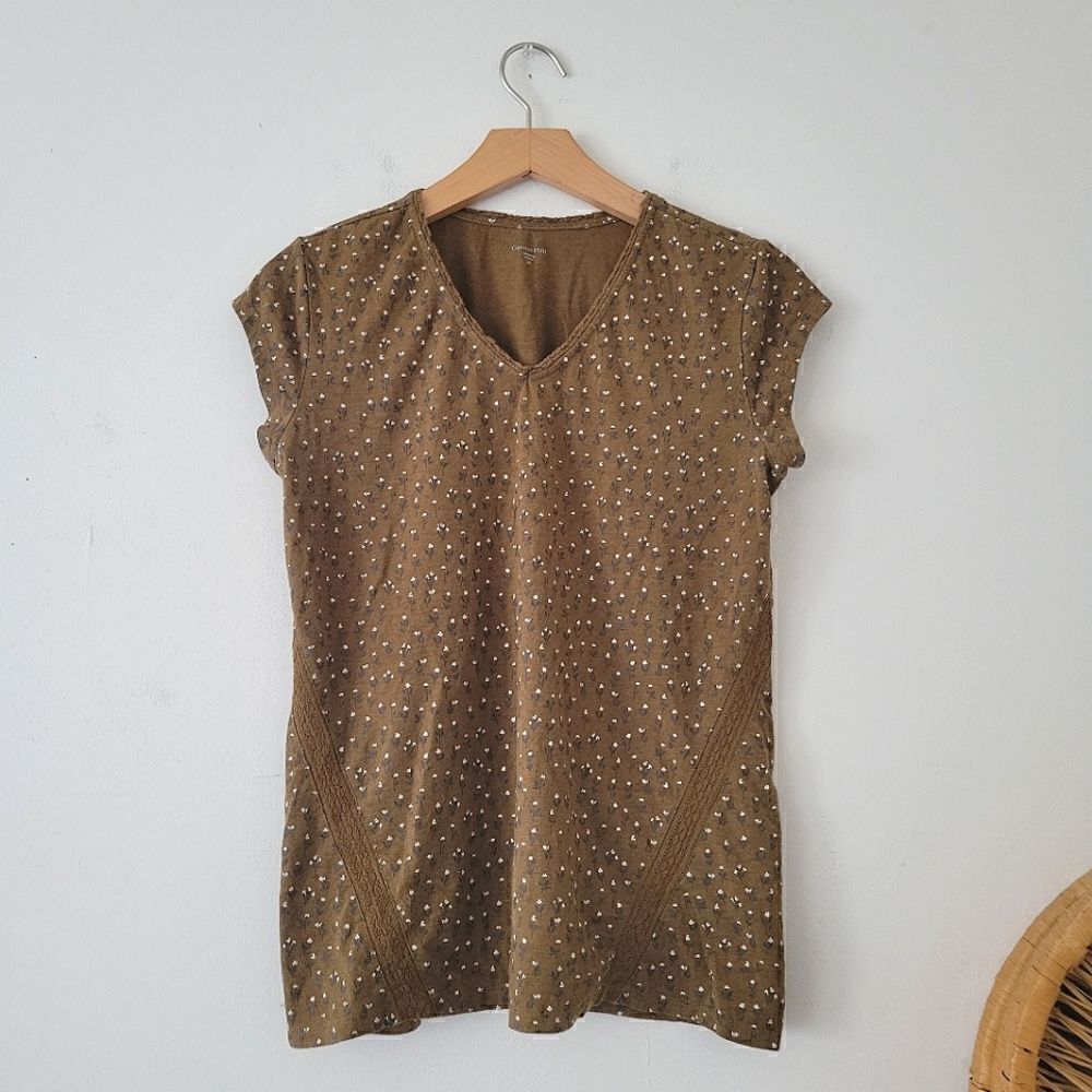 Garnet Hill Floral Top Lace Details Organic Cotton Blend XS V-neck